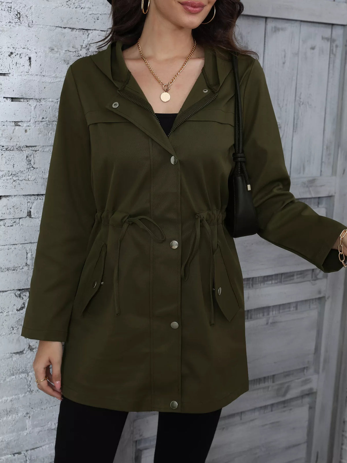 Hooded Drawstring Waist Casual Outerwear