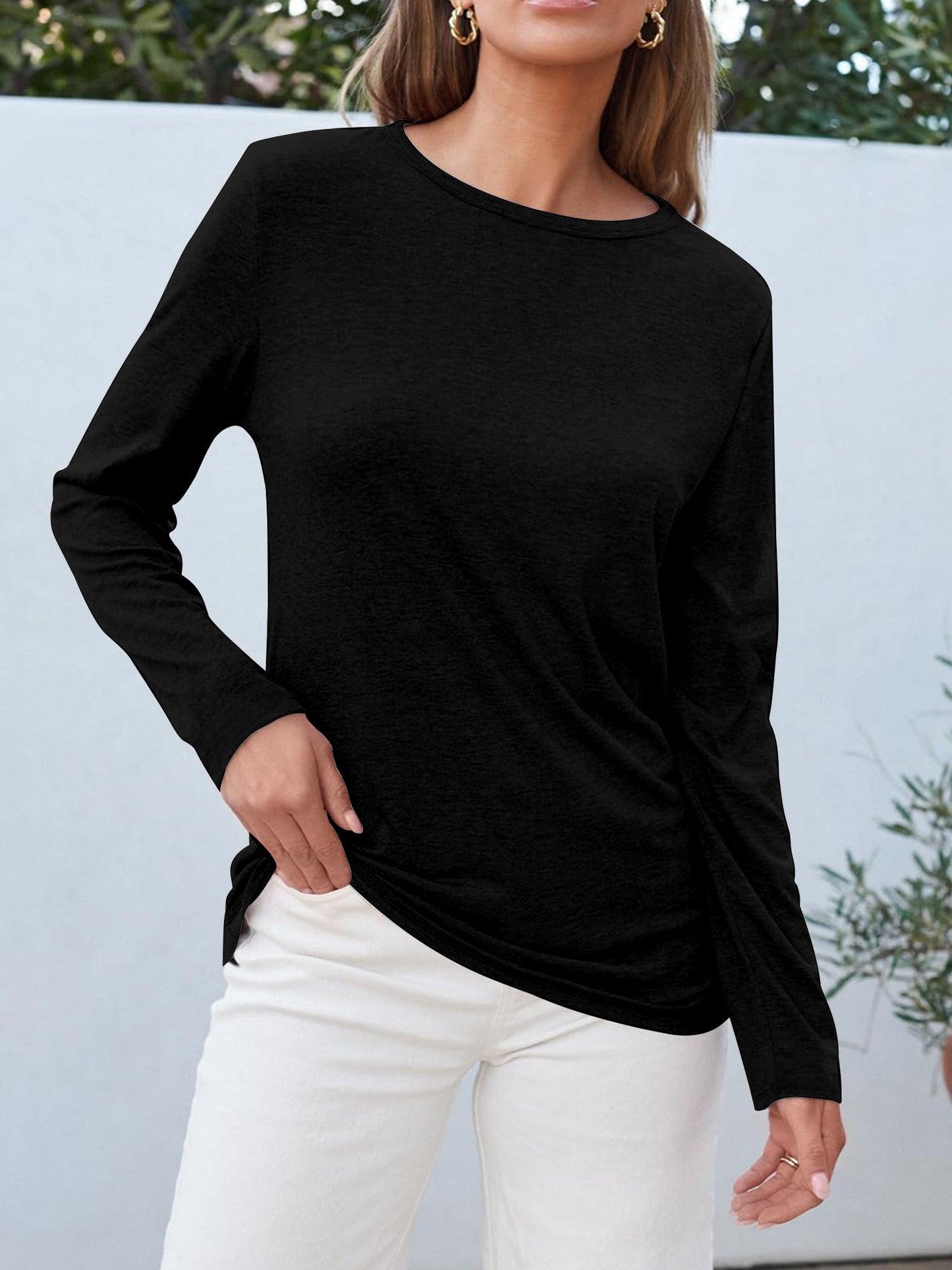 Camiseta de manga larga con cuello redondo, elástica y transpirable para mujer -