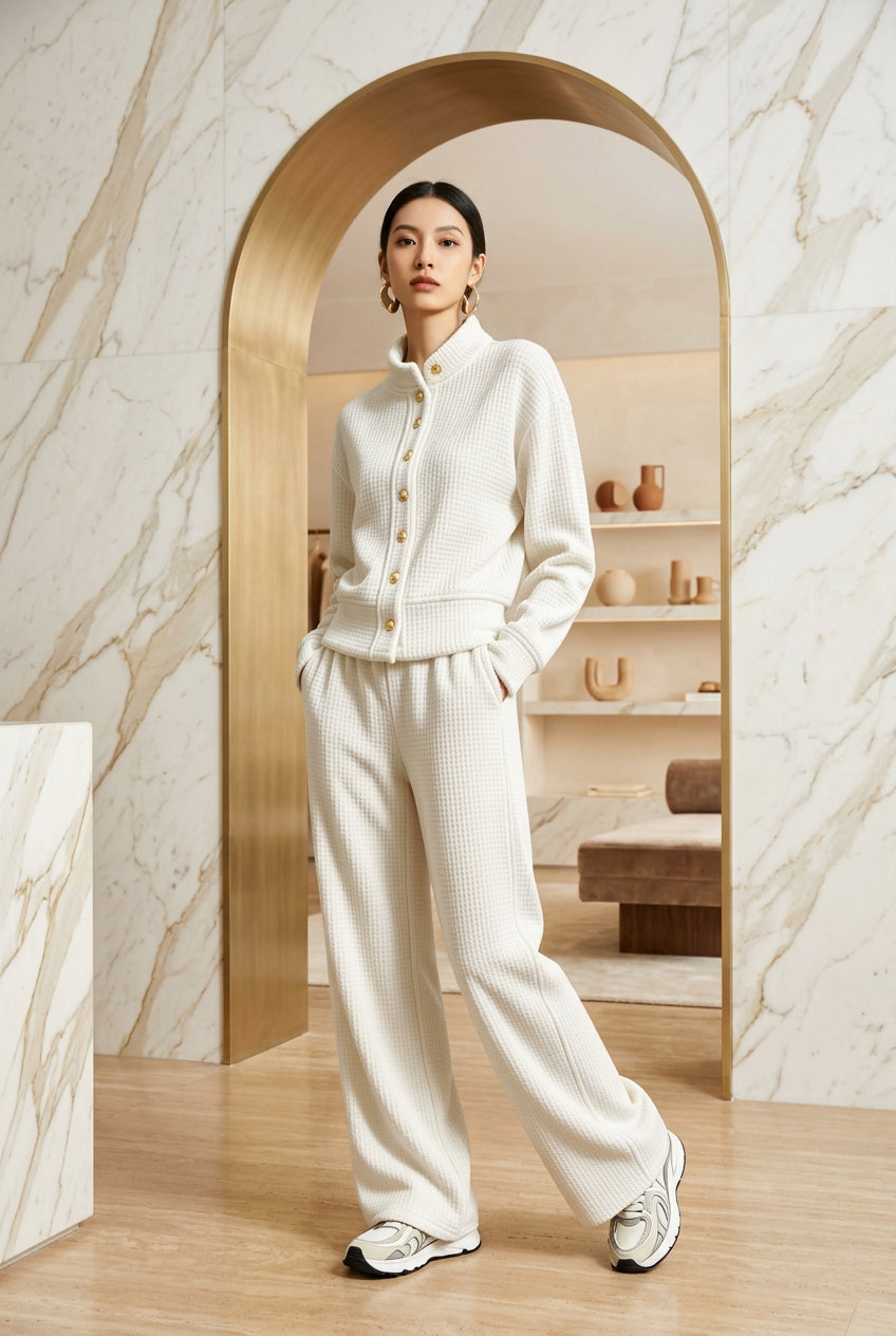 Women's Waffle Stand-Collar Cardigan & Wide-Leg Pants Set