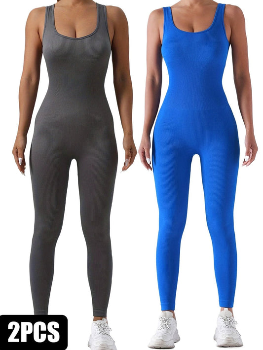 Paquete de 2 mamelucos de una pieza acanalados de color liso para mujer, ropa deportiva sensual ajustada, pantalones clásicos sin mangas de longitud completa para uso deportivo casual