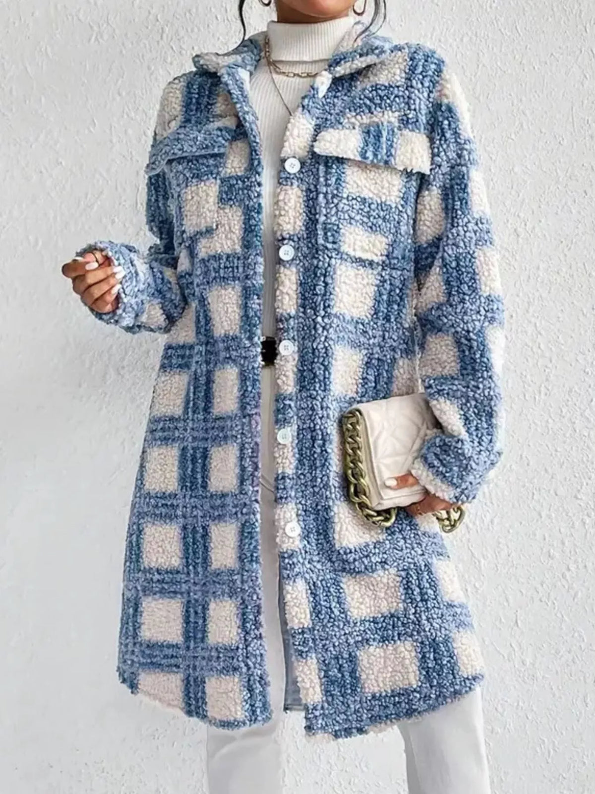 Plaid Button Up Long Sleeve Fleece Coat