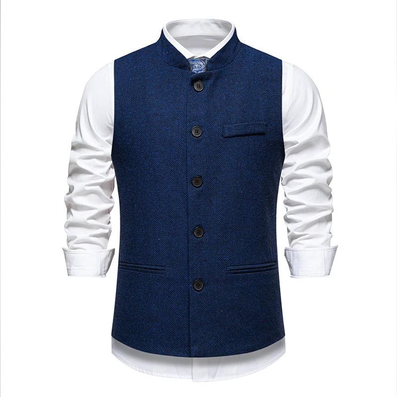 Men's Retro Stand Collar Herringbone Solid Color Suit Vest