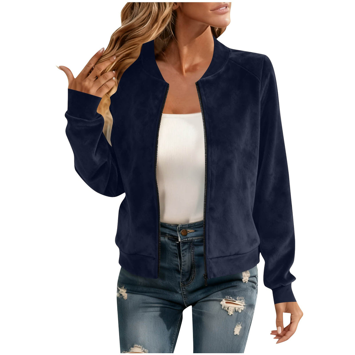 Round-neck Zip-up Deerskin-fleece Short Jacket Flight Suit