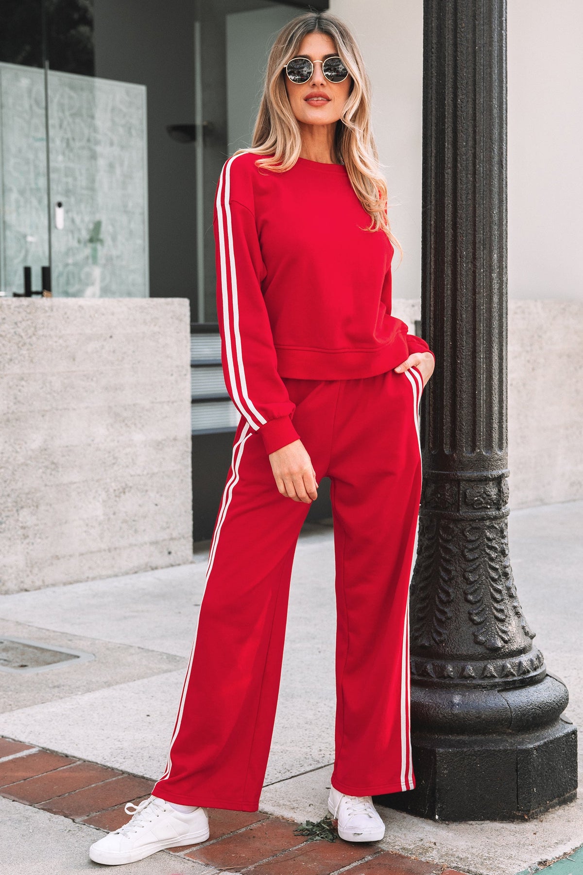 Fiery Red Varsity Striped Crewneck Pullover and Elastic Sweatpants Outfit