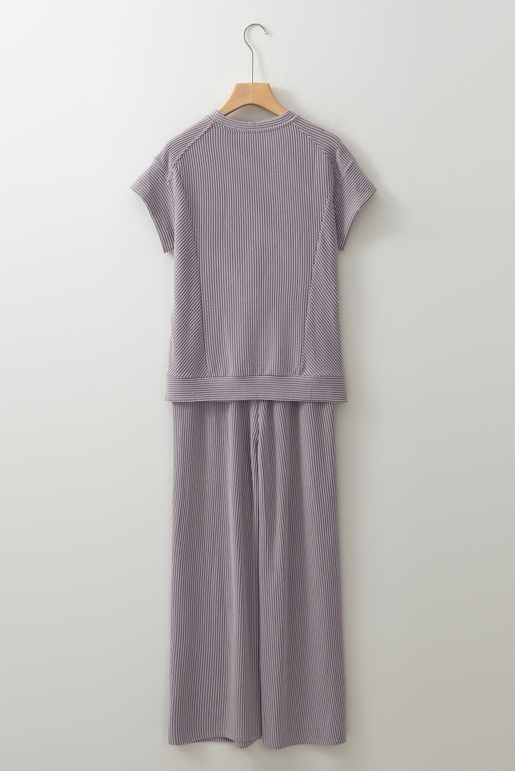 Wild Wind Solid Corded Short Sleeve Shirt and Wide Leg Pants Set