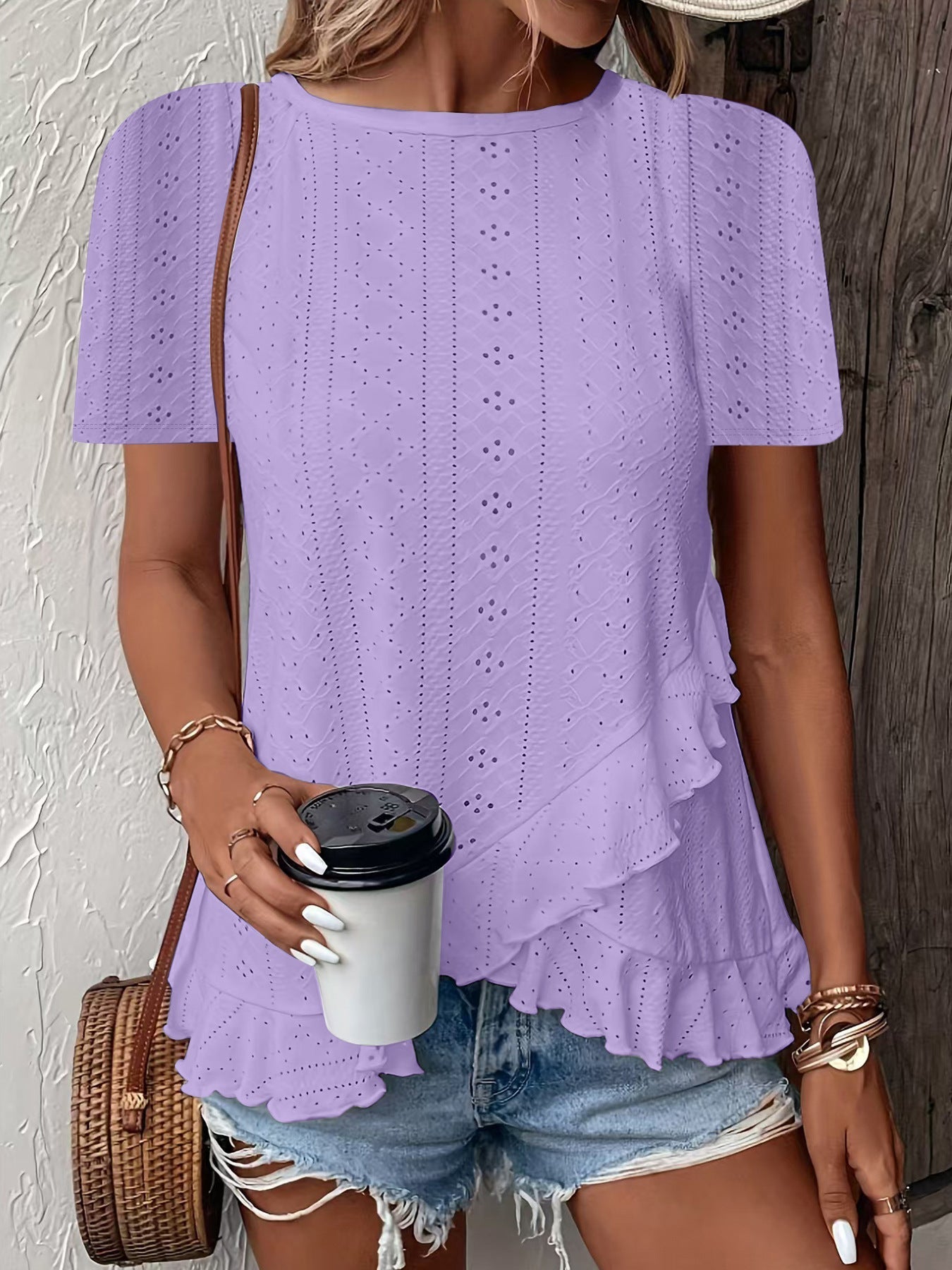Camiseta de mujer casual de manga corta y cuello redondo de color liso
