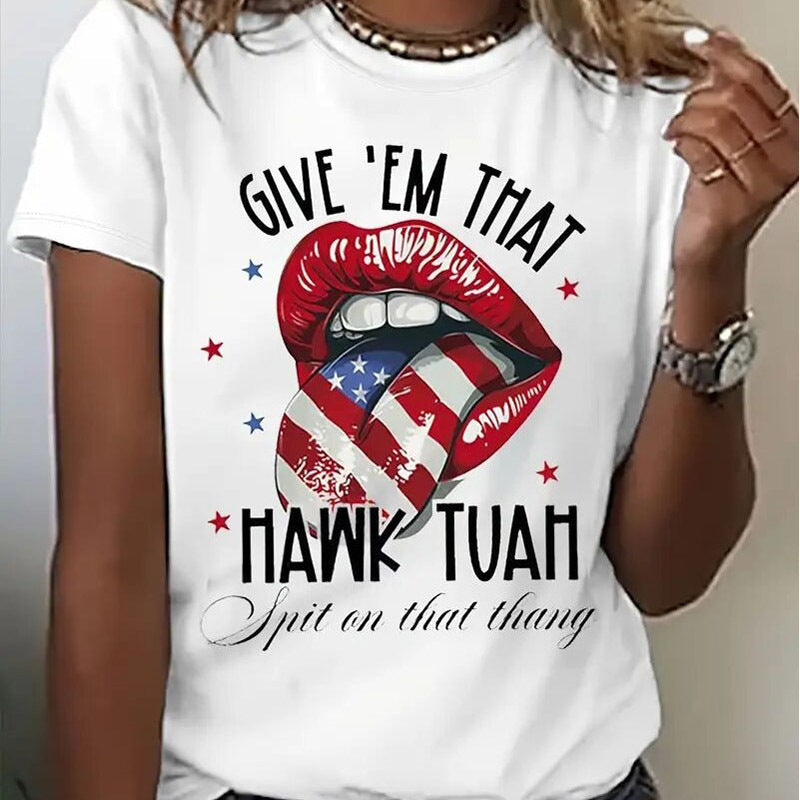 Top de verano con estampado de labios y estrellas de la bandera estadounidense con cuello redondo para mujer