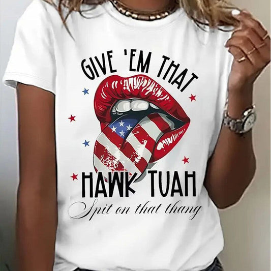 Top de verano con estampado de labios y estrellas de la bandera estadounidense con cuello redondo para mujer