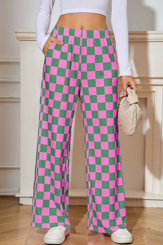 Pantalones de pata ancha de talle alto con estampado a cuadros verdes