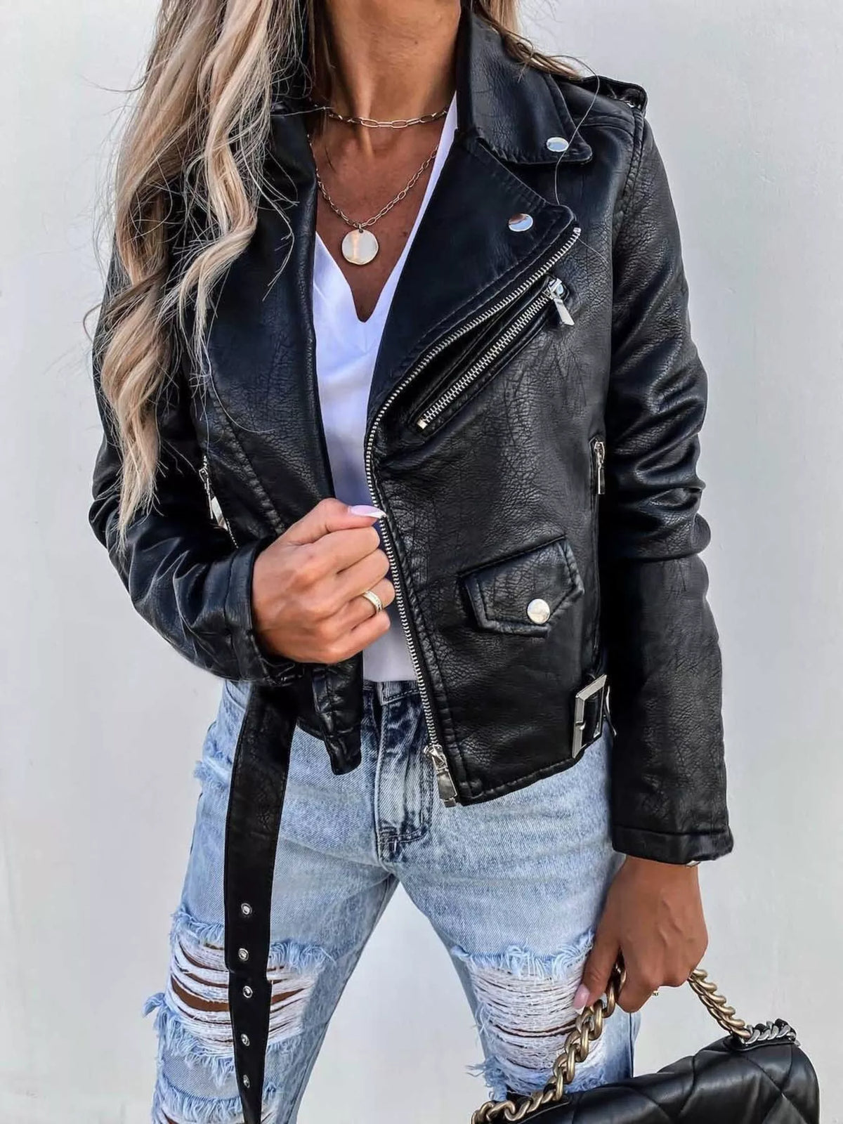 Full Size Zip Up Leather Motorcycle Biker Jacket Plus Size