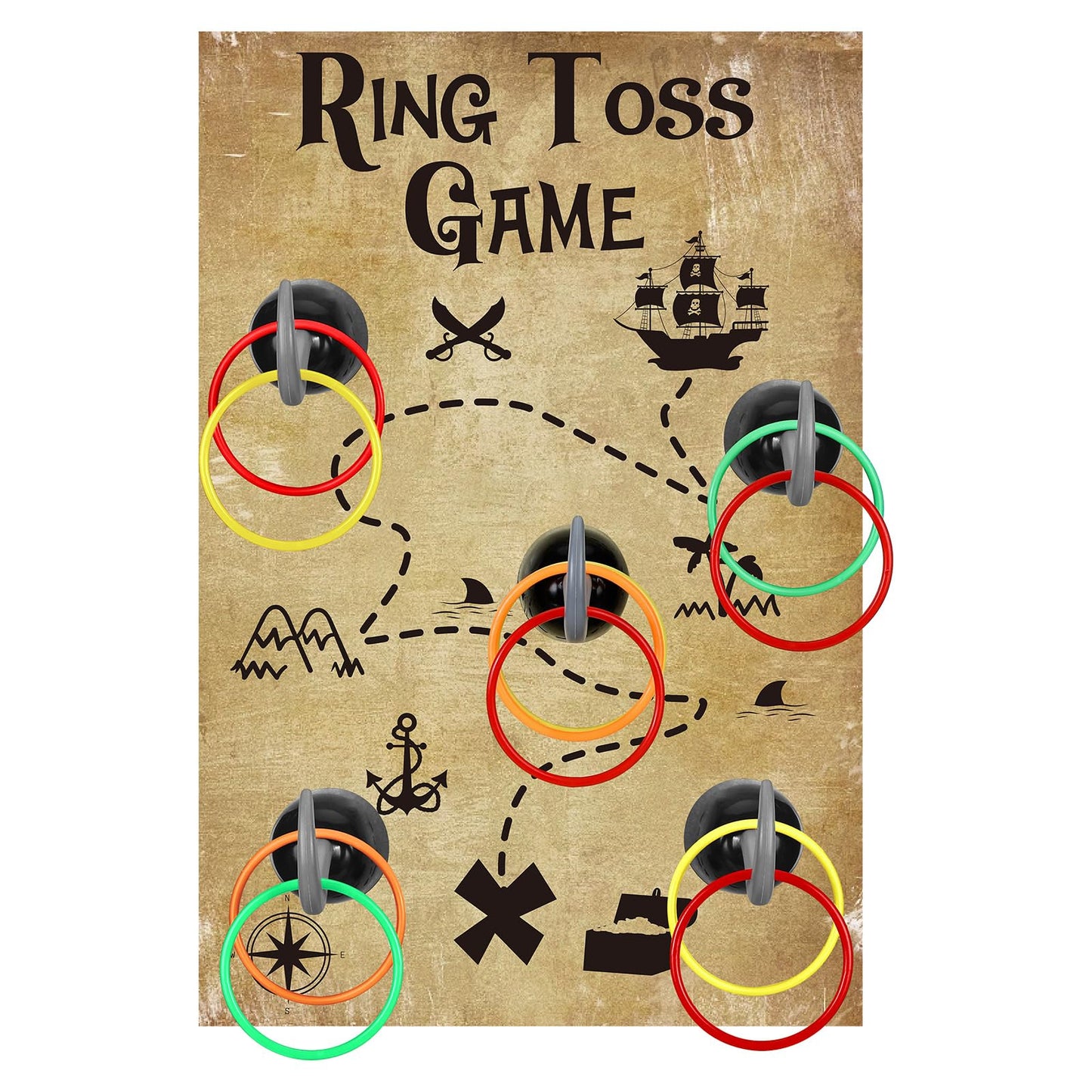 Libima 18 Pcs Pirate Hook Ring Toss Games Set Includes 1 Pirate Game Board 5 Captain Hooks 12 Plastic Toss Rings Indoor Outdoor Game Gifts for Pirate Theme Party Decorations and Supplies