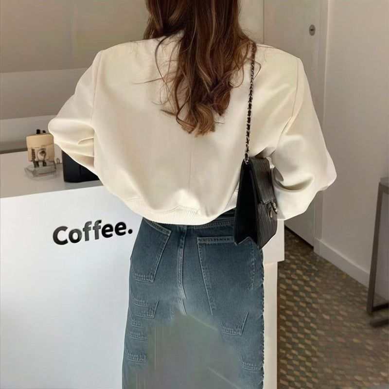 Chaqueta de béisbol de manga larga de color liso para mujer