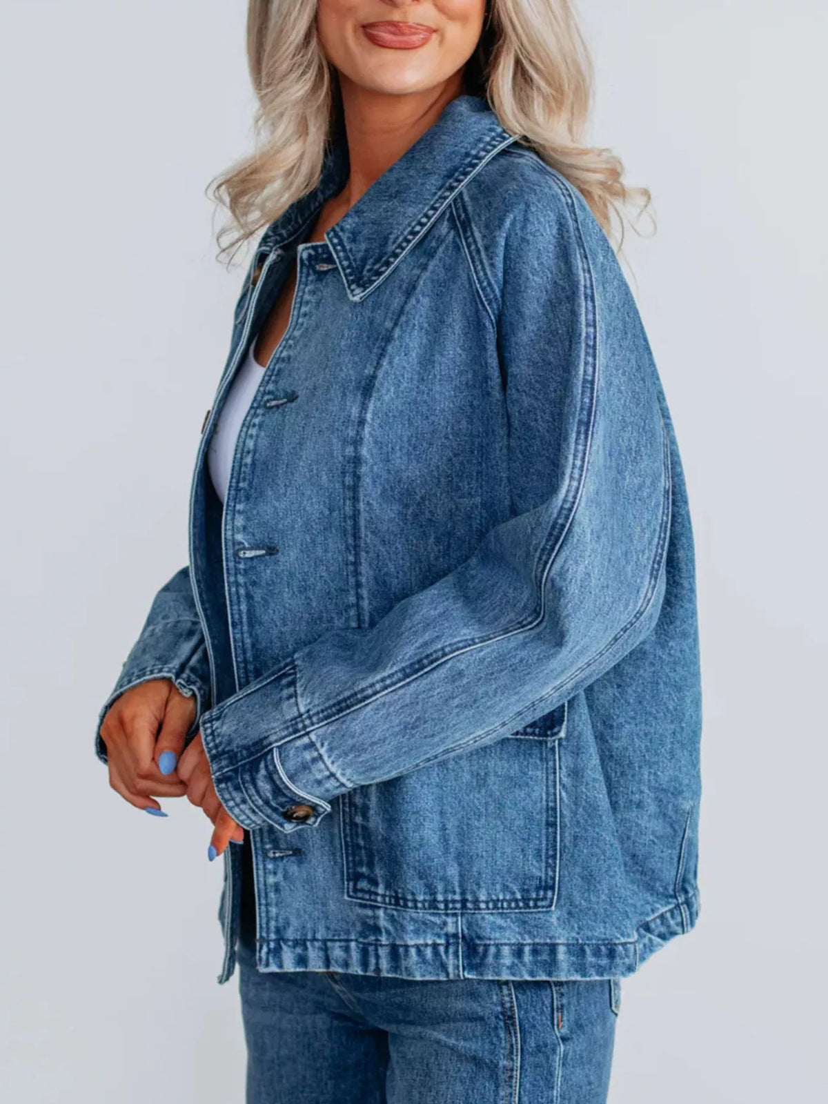 Button Up Raglan Sleeve Denim Jacket