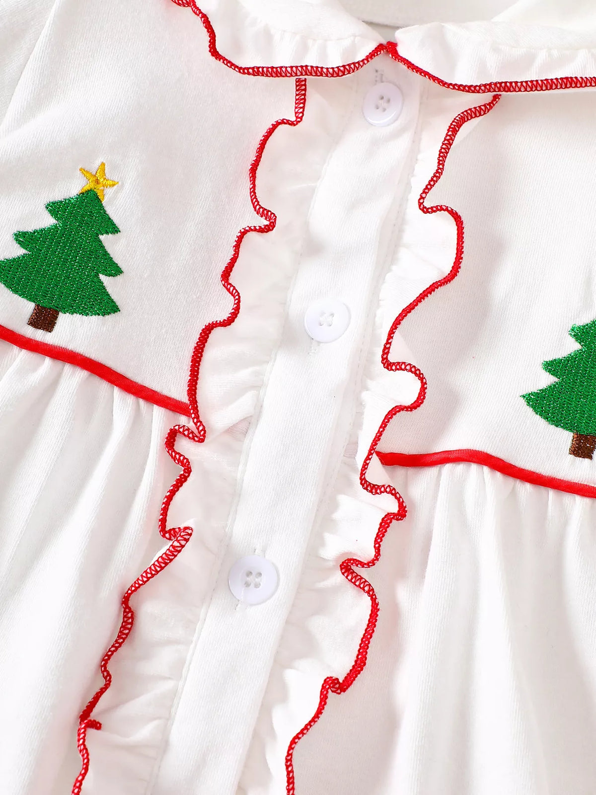 Children's Christmas Tree Embroidered Ruffle Trim Dress
