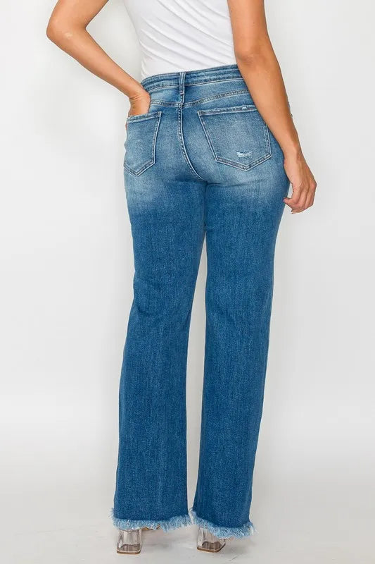 bytos Full Size Raw Hem Distressed Mid Rise Straight Jeans