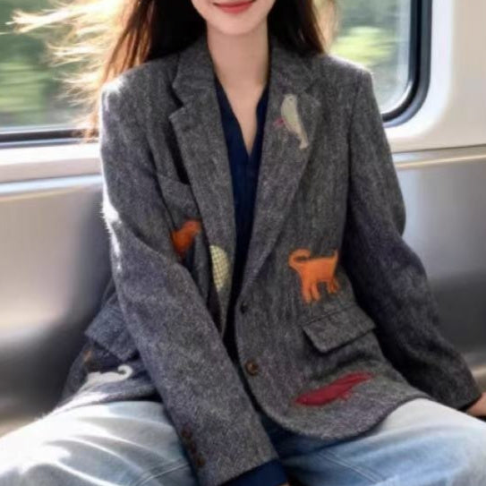 Womens Fashionable Retro Casual Wool Blazer