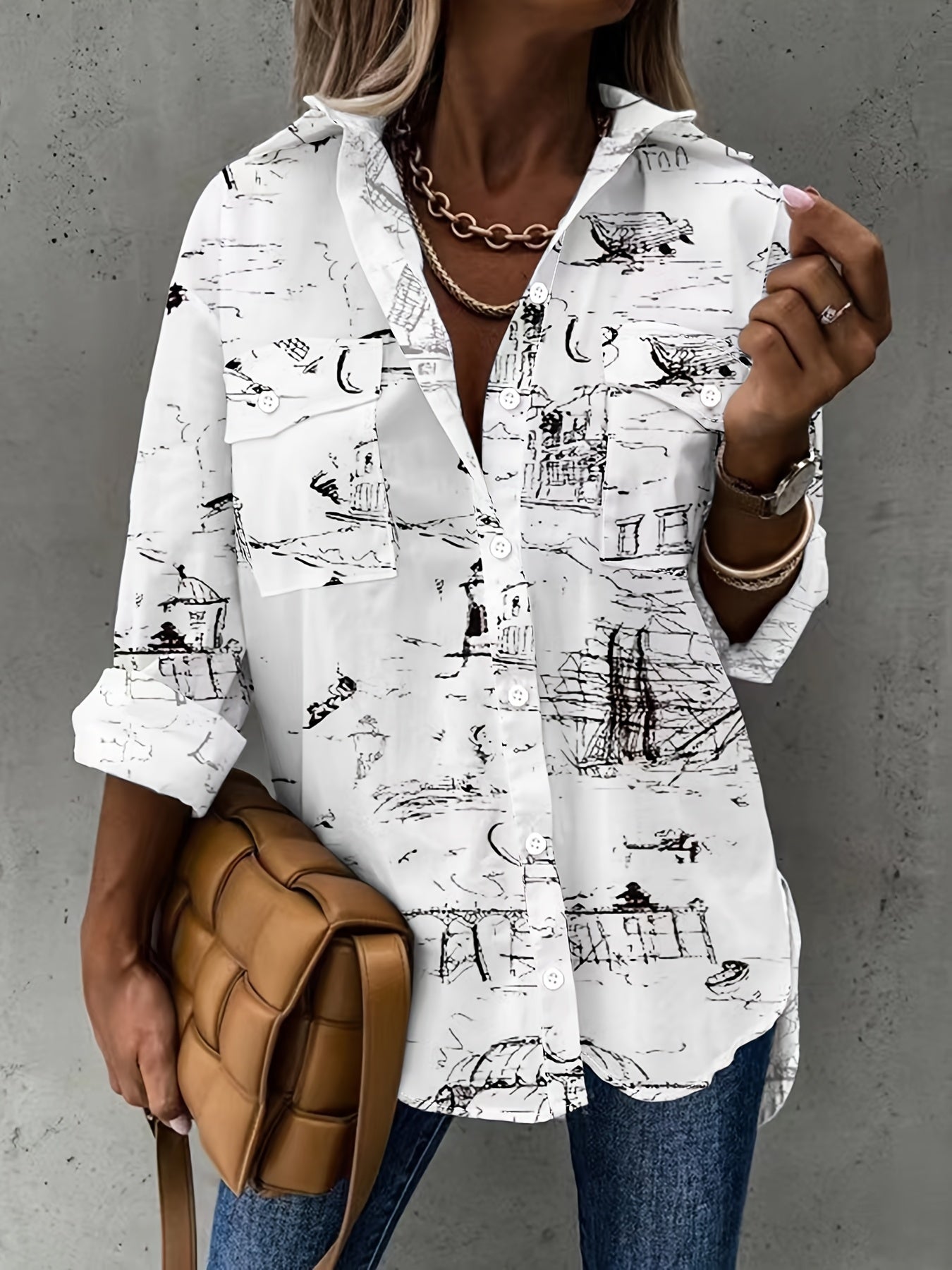 Camisa de manga larga informal para mujer con bolsillo