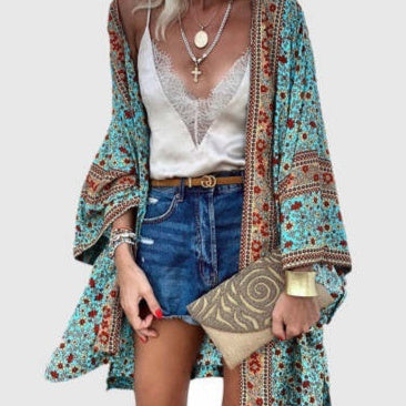 Casual Fashion Vacation Batwing Long Sleeve Cardigan Printed Top