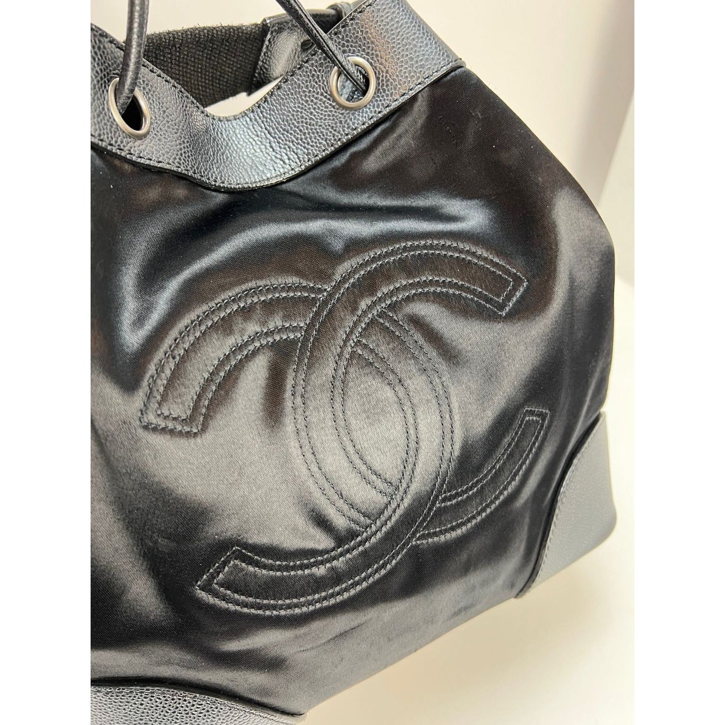 CHANEL Satin CC Large Black Bucket Shouler Bag