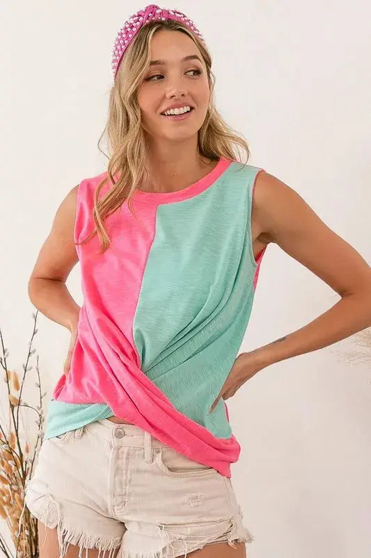 Camiseta sin mangas para mujer - Terry flameado con bloques de color y detalle anudado - Informal