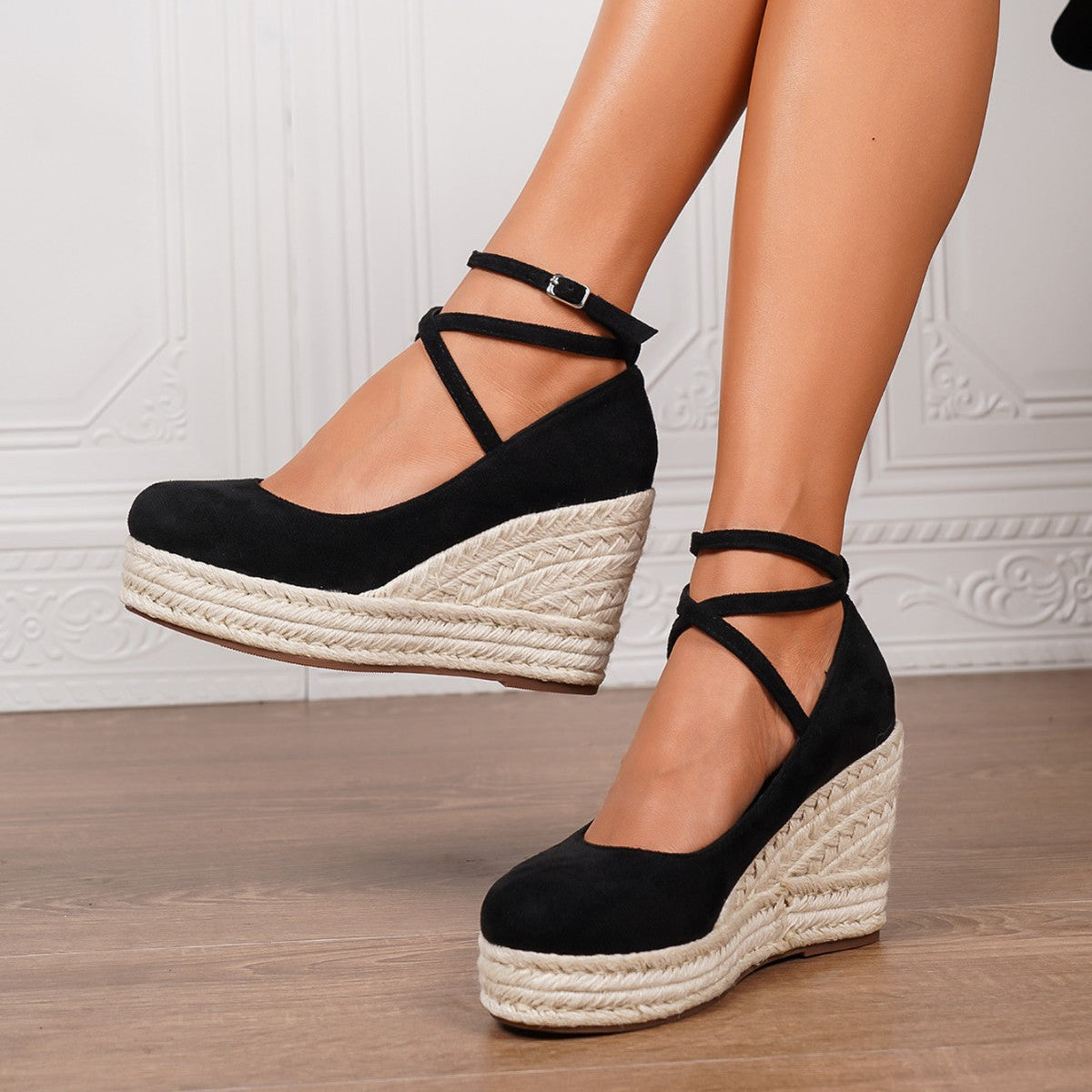 Women's Ankle Strap Woven Wedge Platform Shoes