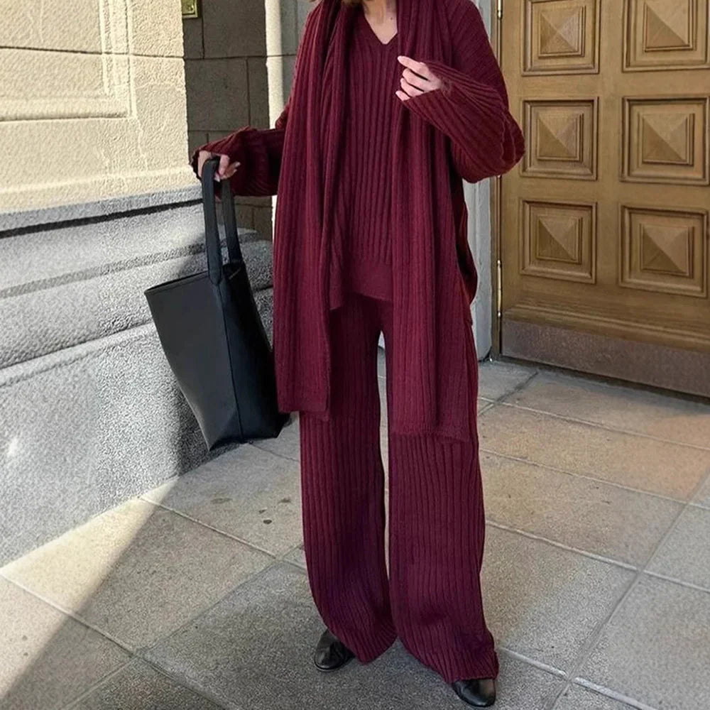 V-Neck Top & Wide Leg Pants Set with Scarf