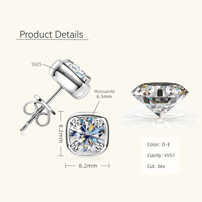 6.5mm 1ct Round Moissanite Stud Earrings 925 Sterling Silver Square Setting