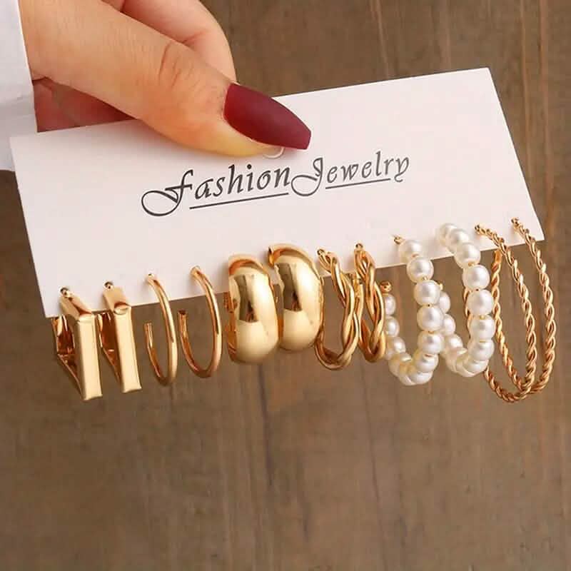 6-Pairs: Vintage Gold C-Shaped Hoop Earrings