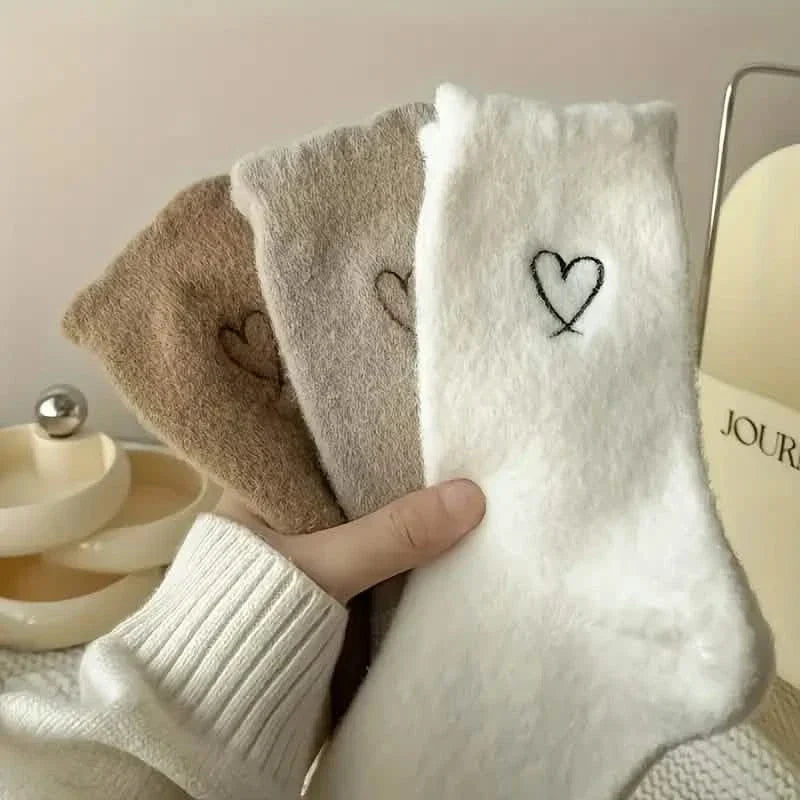 6-Pairs: Ultra Comfy Heart Embroidery Fuzzy Socks, Warm Women's Stockings & Hosiery for Cold Weather