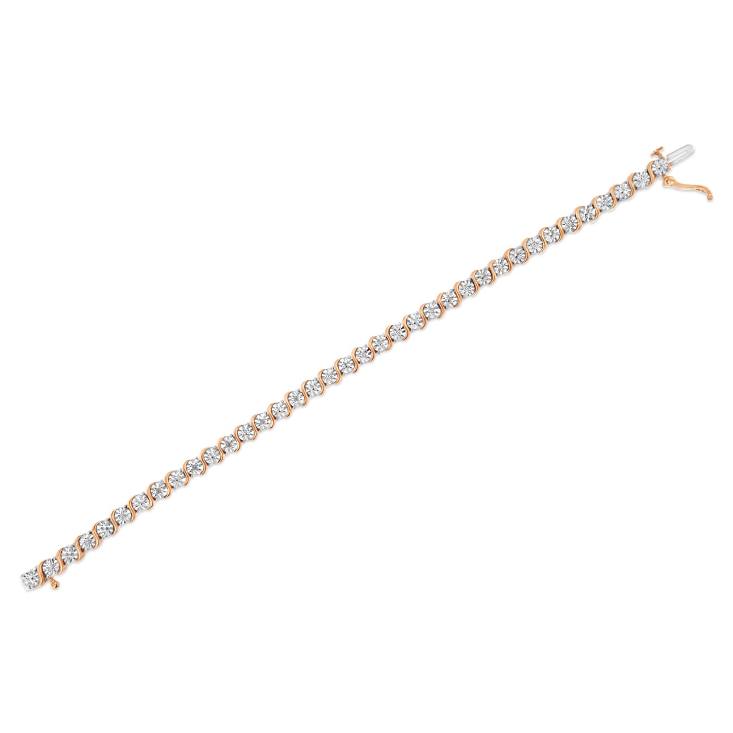 14K Rose Gold Plated .925 Sterling Silver 1/10 Cttw Diamond Round Miracle Plate and "S" Link Tennis Bracelet (I-J Color, I2- I3 Clarity) - 7"