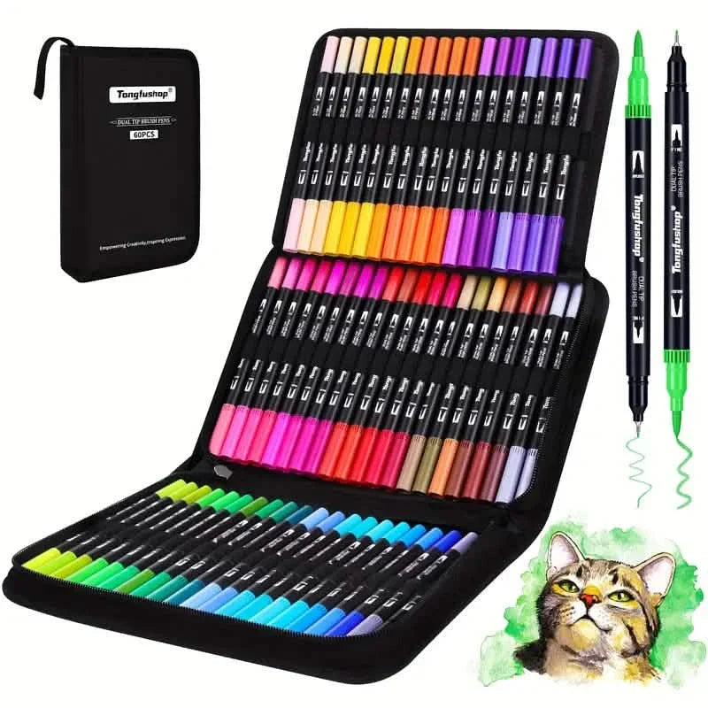 60-Piece Set: Dual Tip Brush Marker Set with Brush & Fineliner Pens