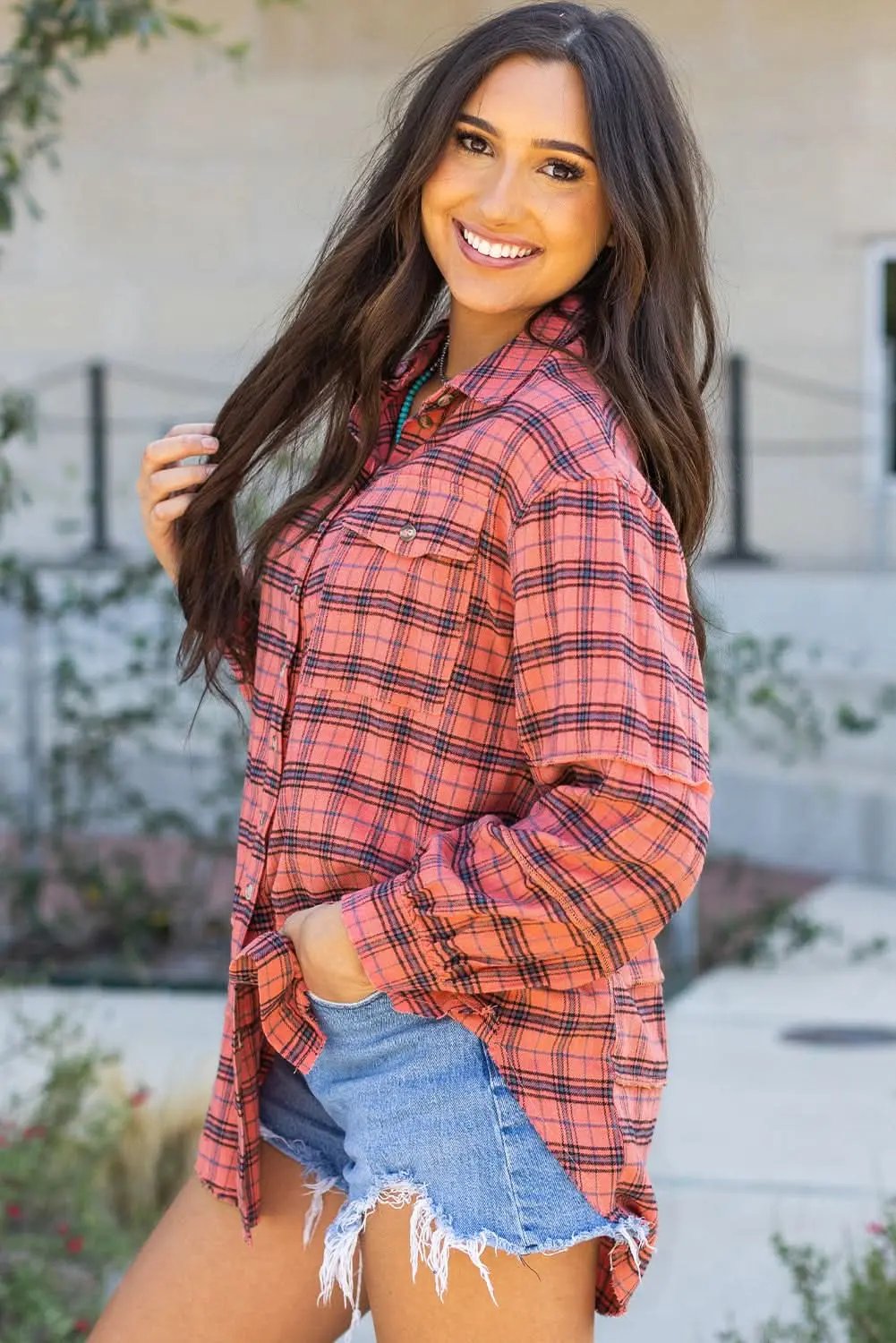Love Salve Red Plaid Western Shirt — Distressed Cotton Top