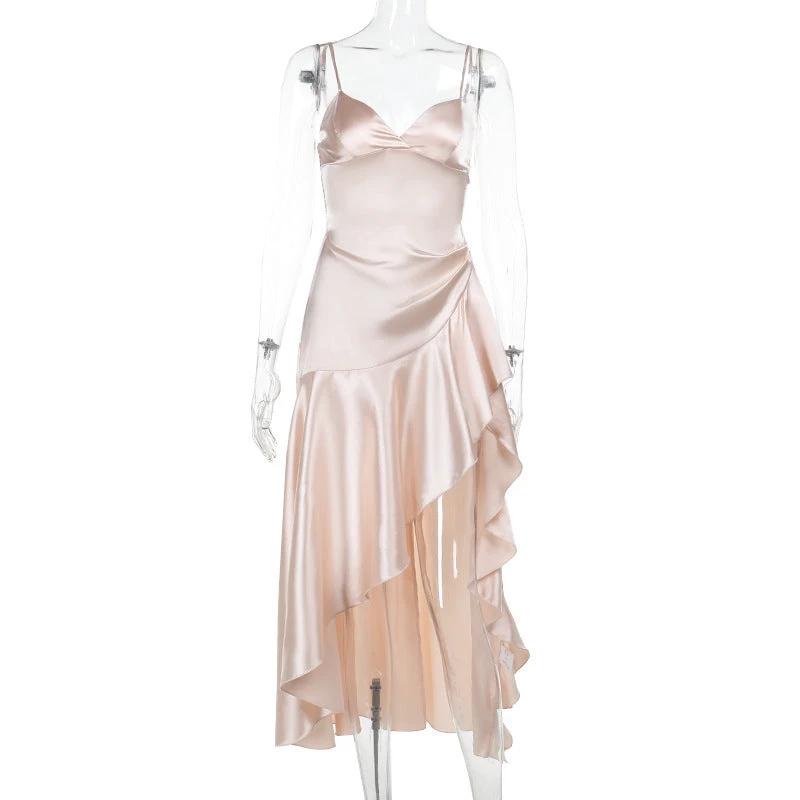 V-neck Asymmetric Ruffled Side Slit Sling Dress