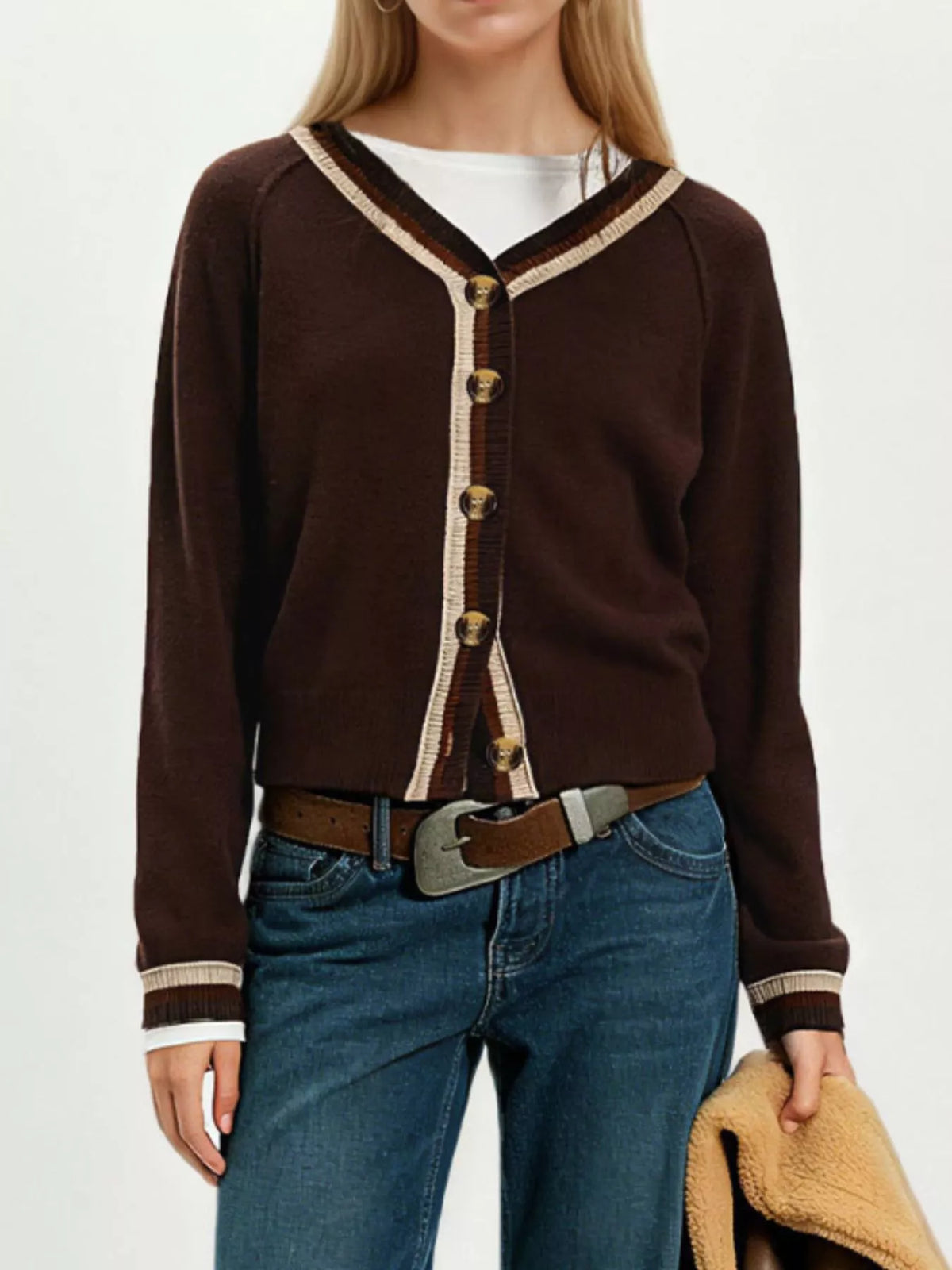 Striped Trim Button-Down Cardigan