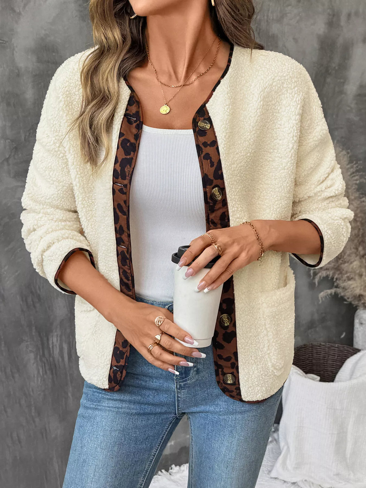 Leopard Trim Button Up Jacket