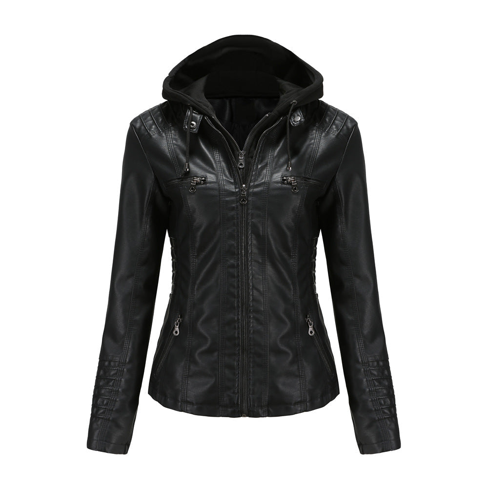 23 European And American Cross-border Hooded Leather Jacket Two-piece Set Removable Large Size Leather Jacket Women's Spring And Autumn Coat Women's PU Wash Leather