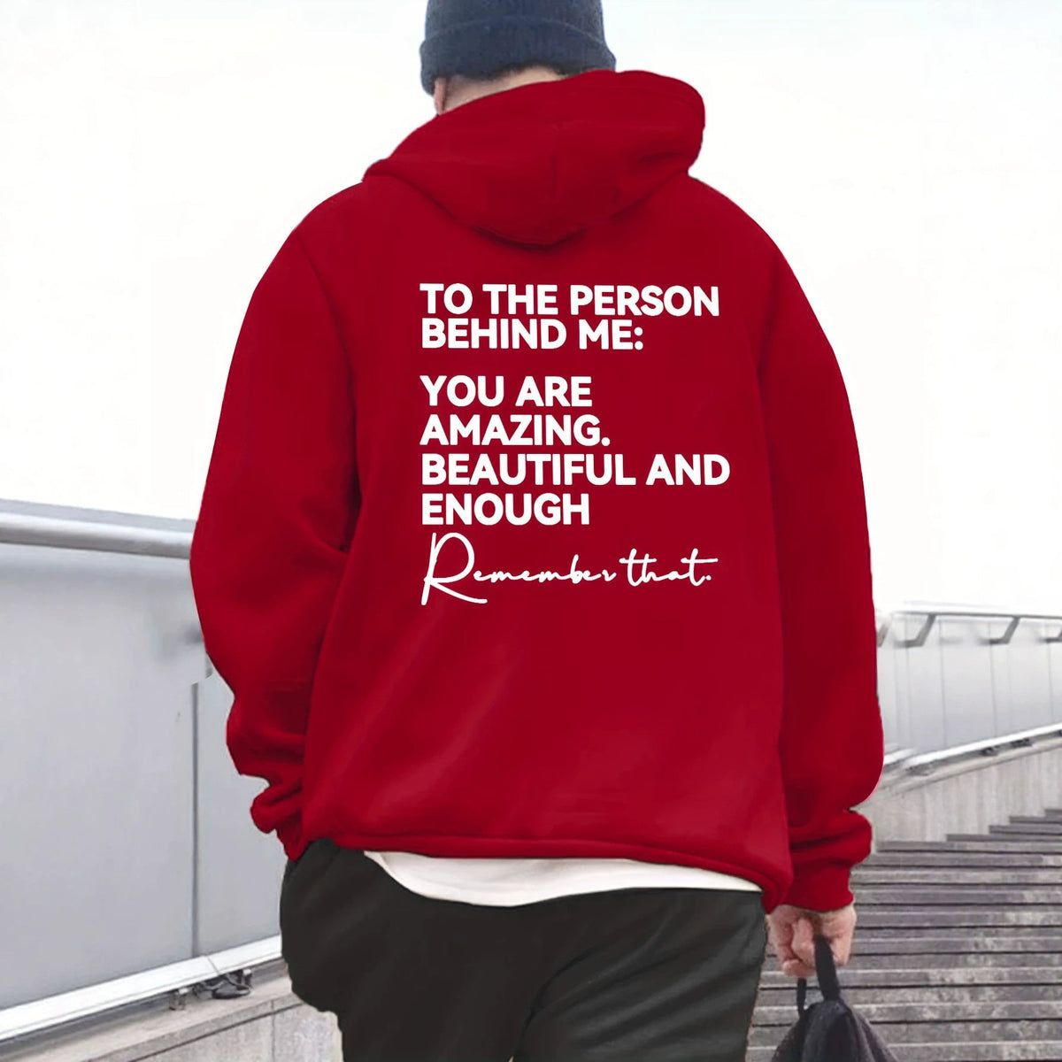 Loose-fit Drop-shoulder Hooded Sweatshirt With English Print On The Back