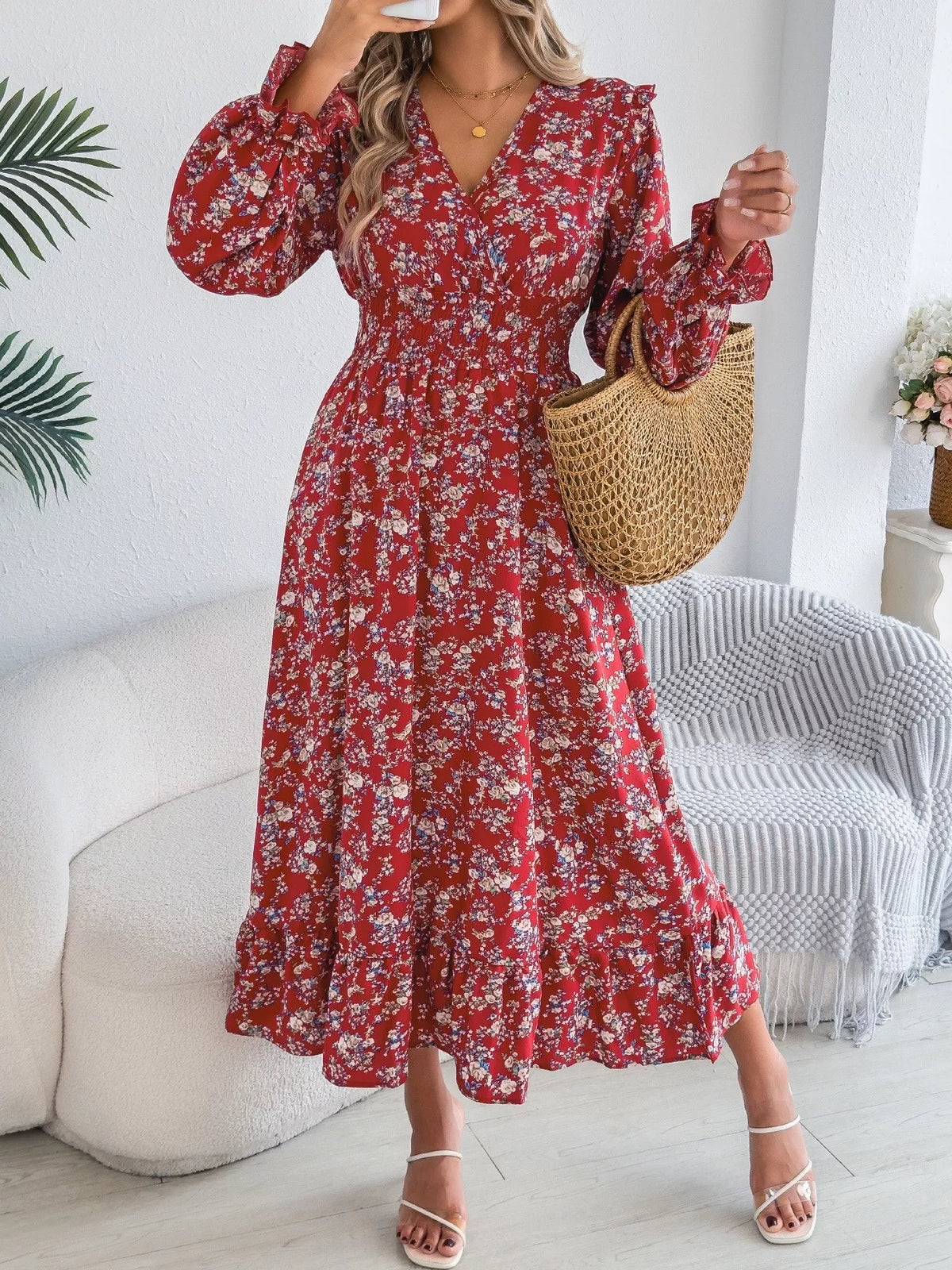 Ruffled Floral V-Neck Flounce Sleeve Dress