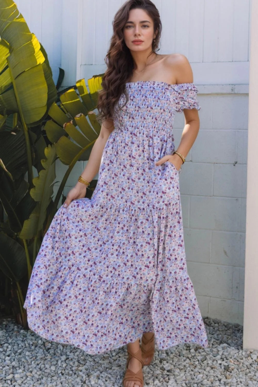 Tiered Floral Shirred High Waist Maxi Dress
