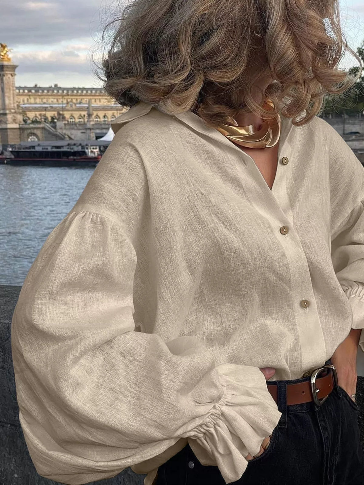 Button-Down Flounce Sleeve Shirt