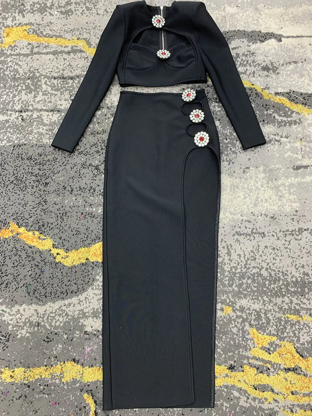 Hollow Diamond Long Sleeve Dress with Side Slit