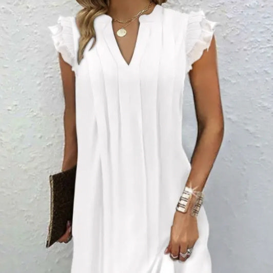 Vestido maxi plisado de manga pétalo con cuello en V con muesca para mujer