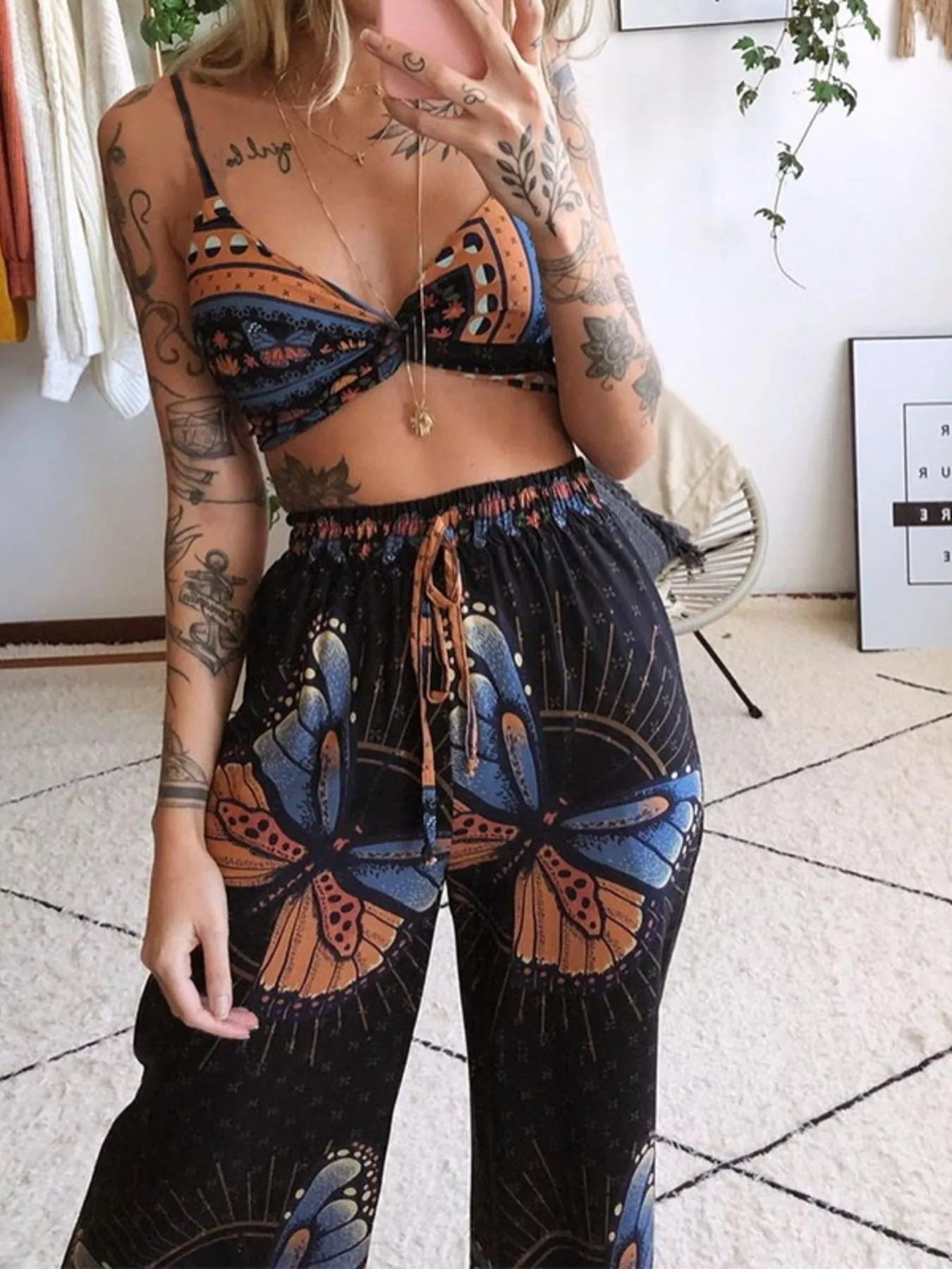 Conjunto de Top y Pantalones con Estampado Mariposa Bohemio