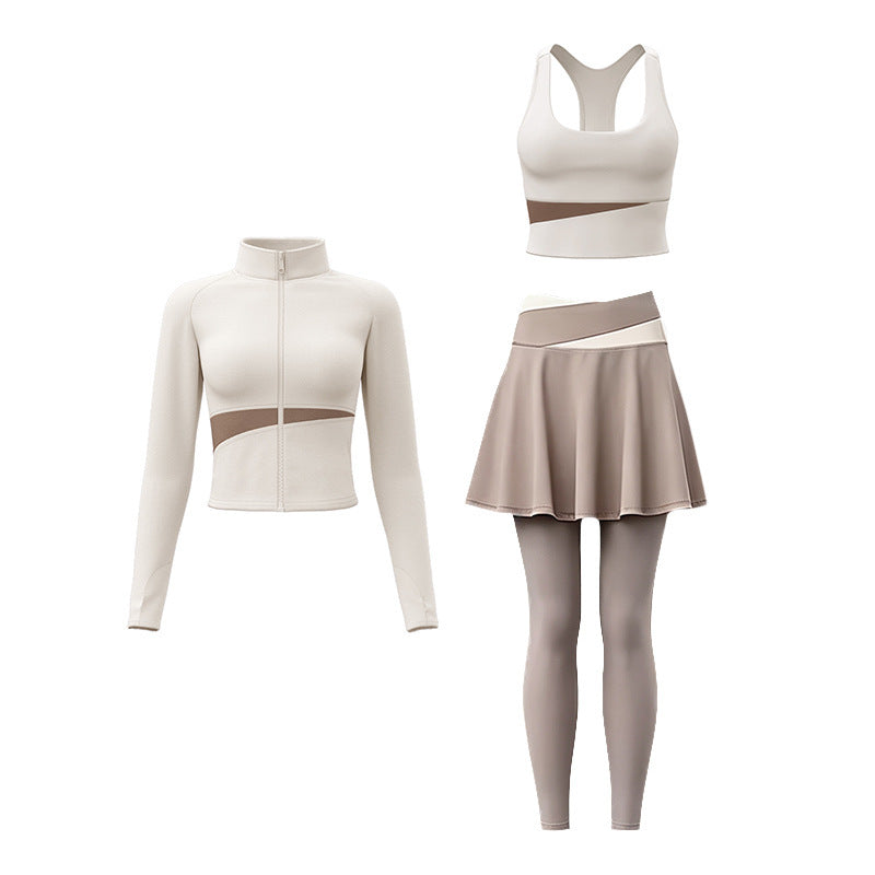 Womens Color-Block Stand-Neck Zipper Yoga Three-Piece Set
