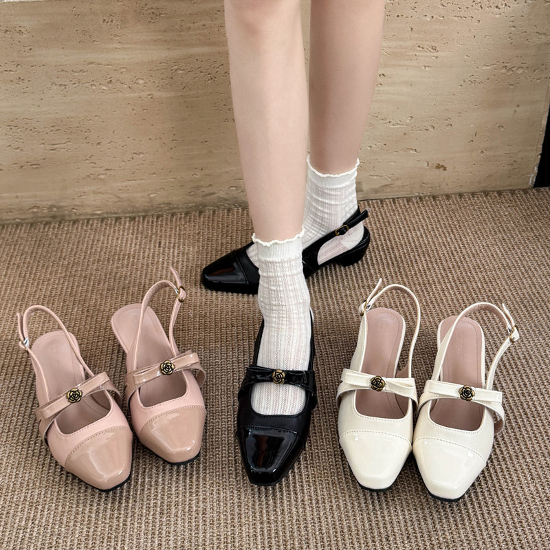 Women  Camellia Bow Slingback Sandals, Adjustable Back Strap Low Block Heel Elegant Party Dress Shoes