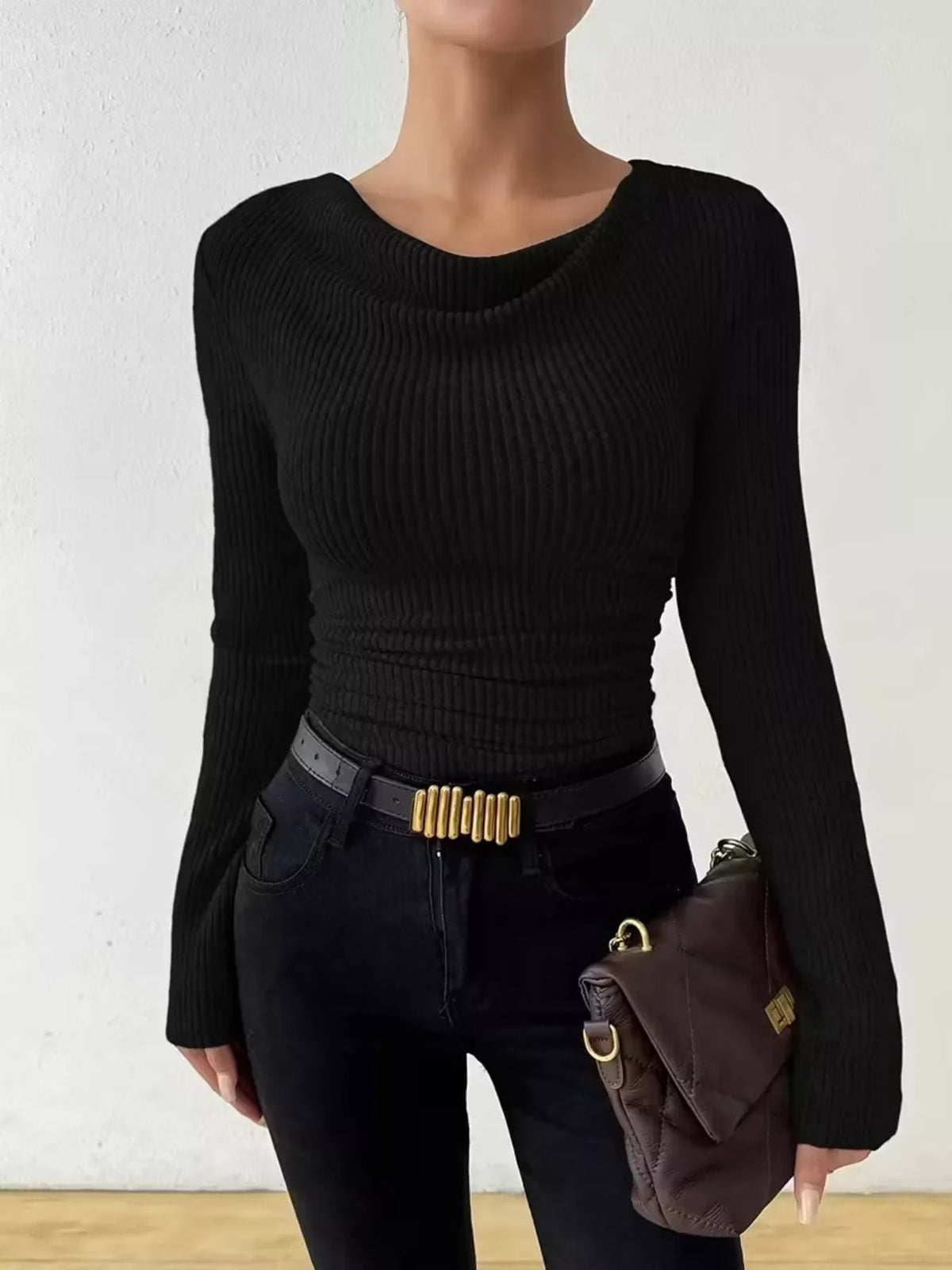 Cowl Neck Ribbed Long Sleeve Sweater