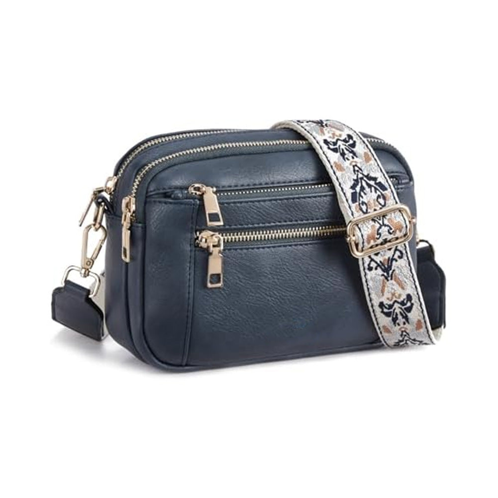 Women's Triple-Zipper Crossbody Bag with Floral Embroidered Strap