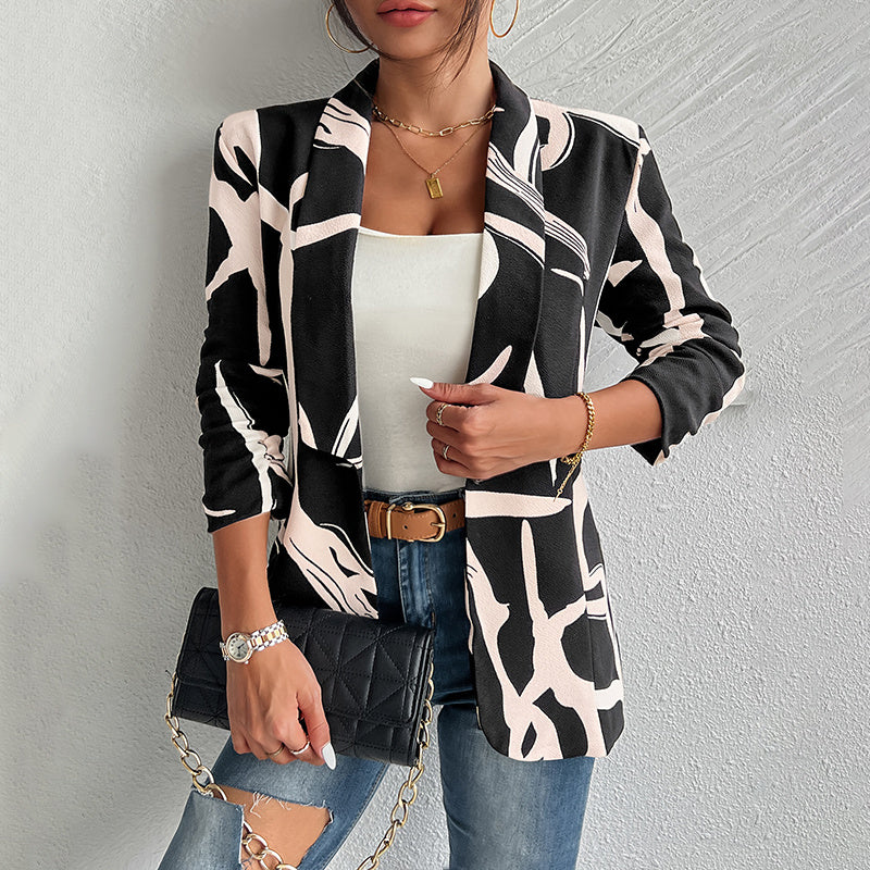 Chaqueta de trabajo para mujer con estampado abstracto, botones y manga larga