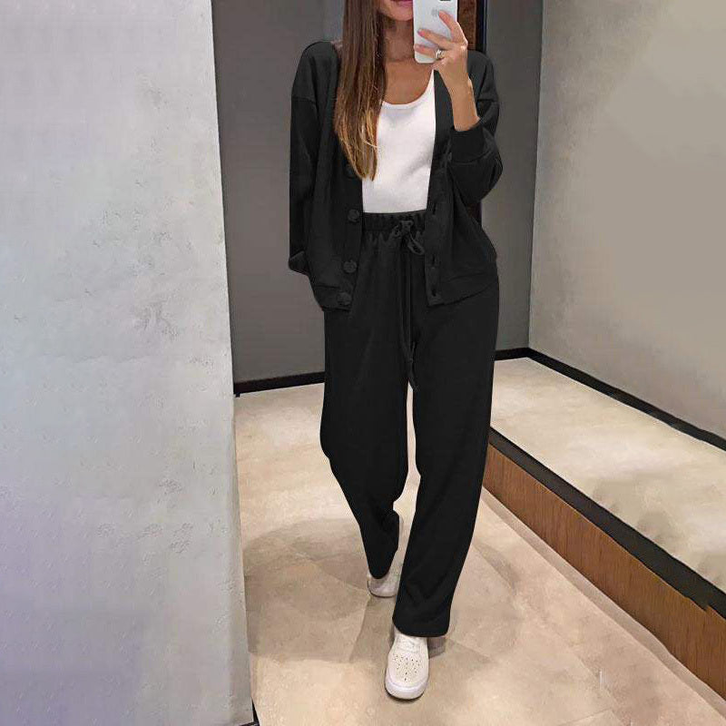 Cárdigan de punto casual con bolsillo y pantalón de salón con cordón ajustable