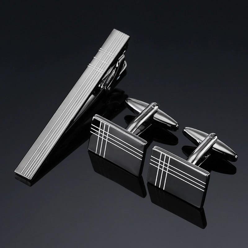 Gold Silver Black Square Brushed Tie Clip And Cufflinks